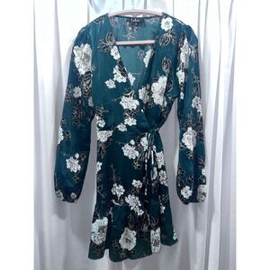 Lulus Emerald Green Floral Wrap Mini Dress Long Sleeve Satin Ruffle V-Neck M